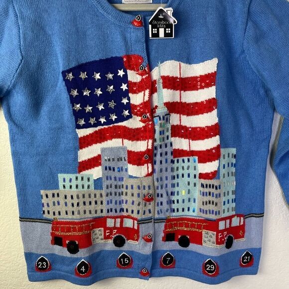 NWT Storybook Knits L/S Cardigan in Azure Blue Limited Edition Patriotic Theme L - Picture 6 of 6